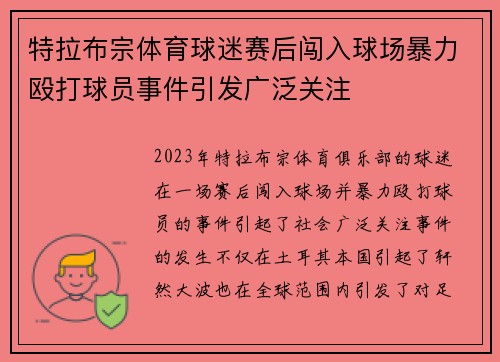 特拉布宗体育球迷赛后闯入球场暴力殴打球员事件引发广泛关注